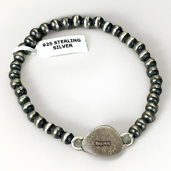 Native American Sterling Silver Pearl & Emerald Valley Turquoise Navajo Bracelet - Picture 8 of 13